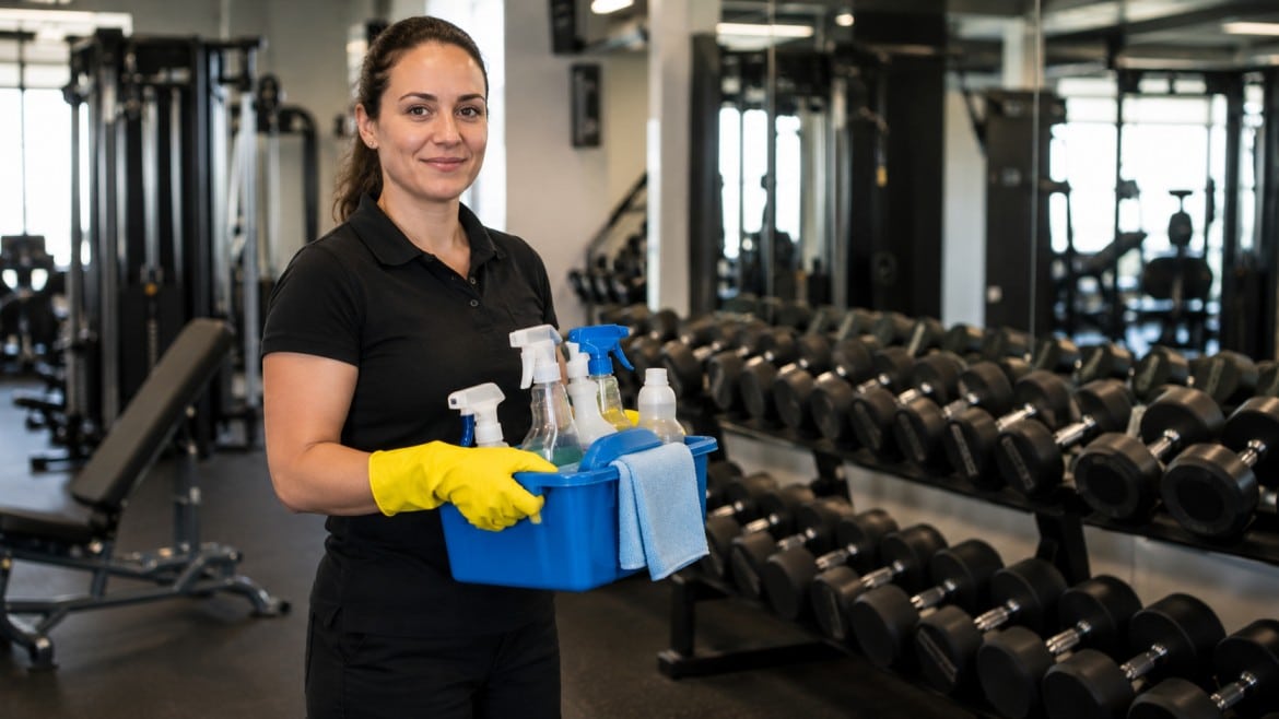 A woman in a gym holds a cleaning caddy with spray bottles and a cloth, wearing yellow gloves and smiling