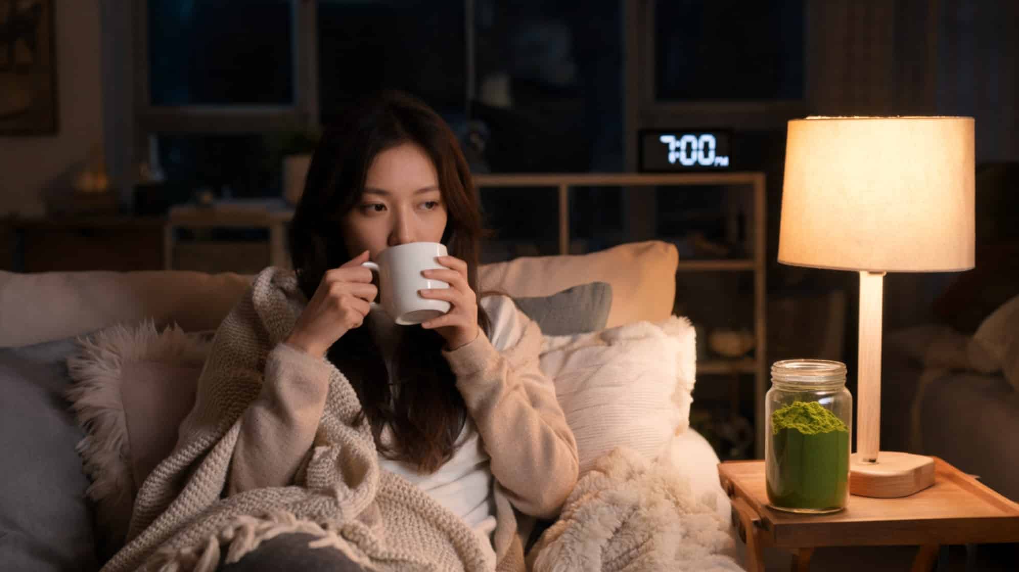 A woman sits on a cozy sofa, sipping moringa tea from a mug. A nearby table lamp glows showing it's 7-00 PM