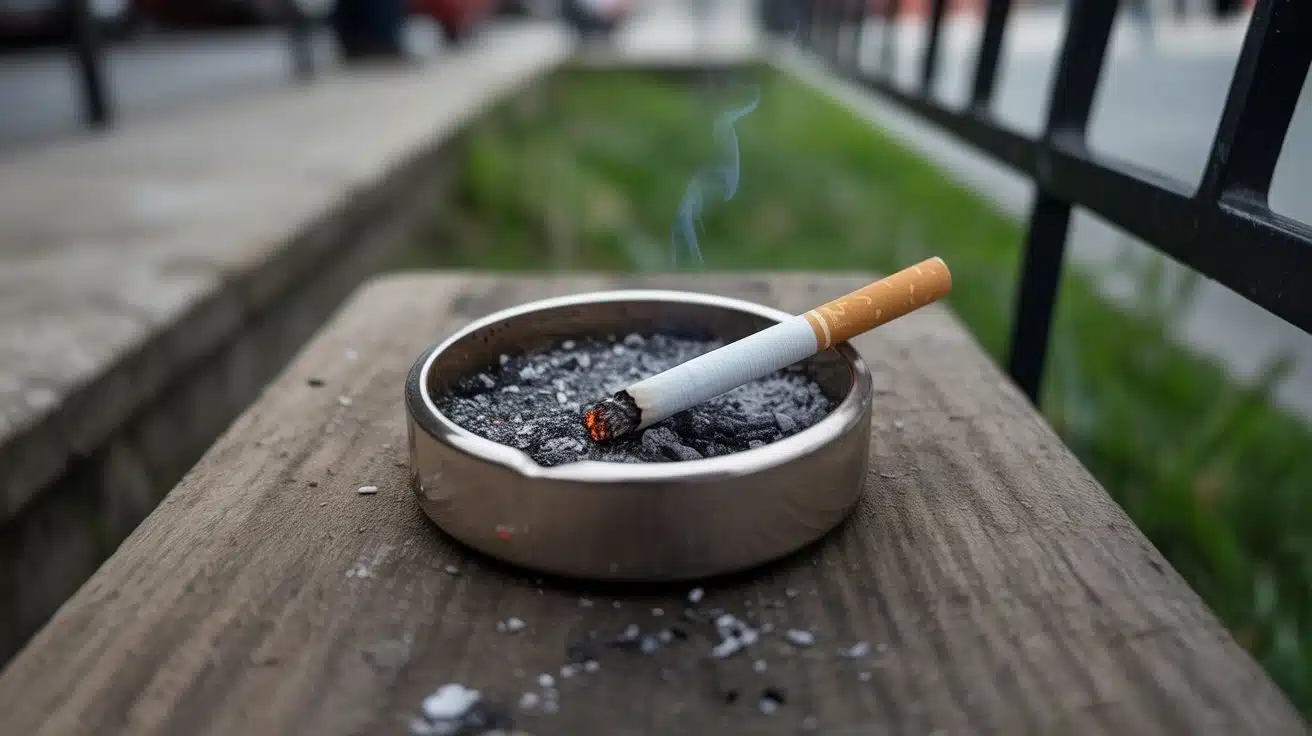 ashtray with cigarette on wooden surface in natural light showing smoking habit lifestyle concept real photo feel