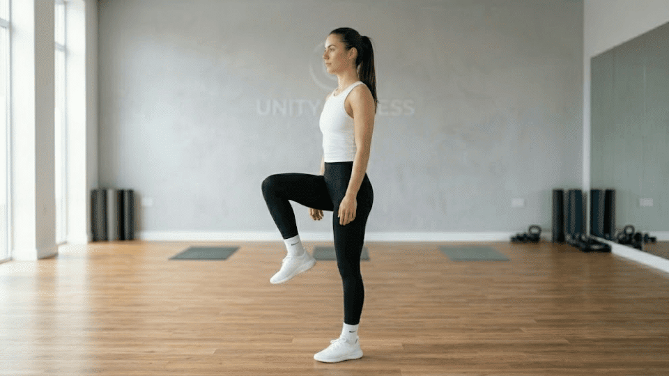 athletic woman holding single-leg balance with hips level, ankle knee and hip stacked, eyes fixed forward