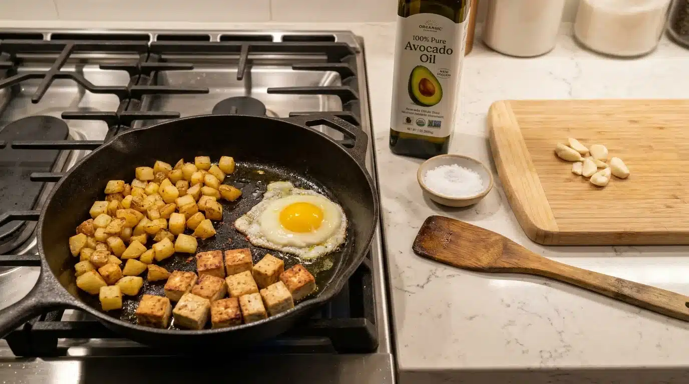 avocado oil used for pan-frying crispy potatoes, tofu, garlic, and eggs in a skillet on a kitchen stove