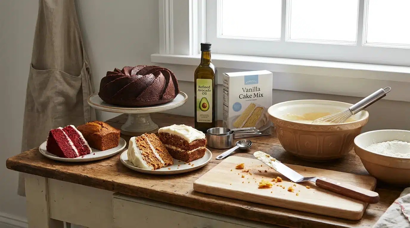 avocado oil used in chocolate cake, carrot cake, pumpkin cake, and boxed cake mix on a kitchen counter