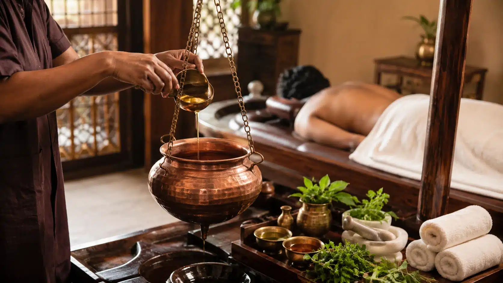 ayurvedic practitioner prepares warm oil and herbs for shirodhara therapy in calm spa room
