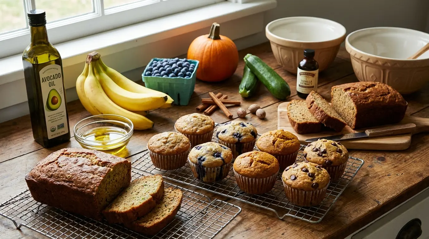 banana muffins, blueberry muffins, and quick breads baked with avocado oil in a home kitchen