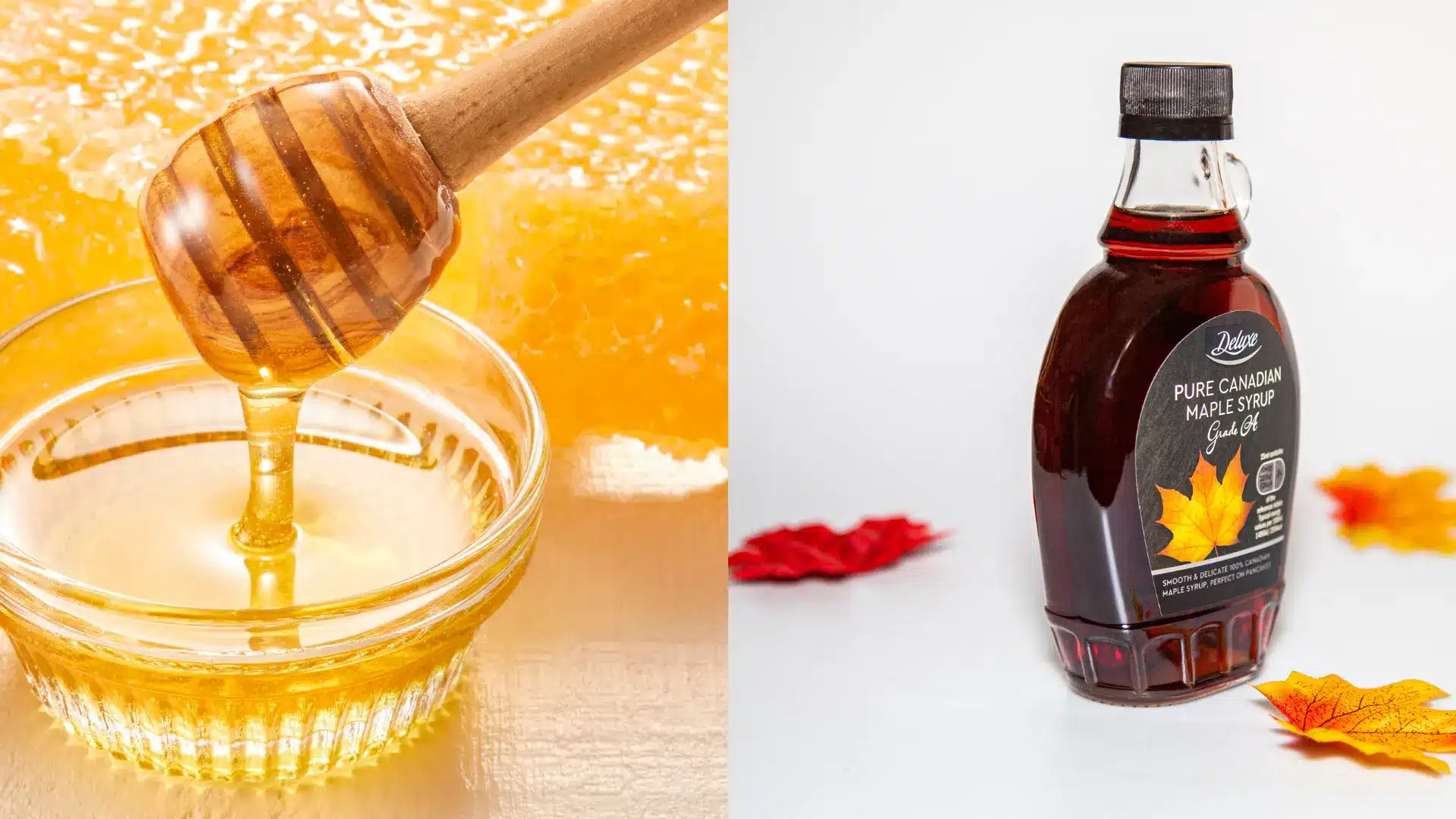 bowl of honey with wooden dipper beside honeycomb, and bottle of maple syrup on white background with leaves autumn