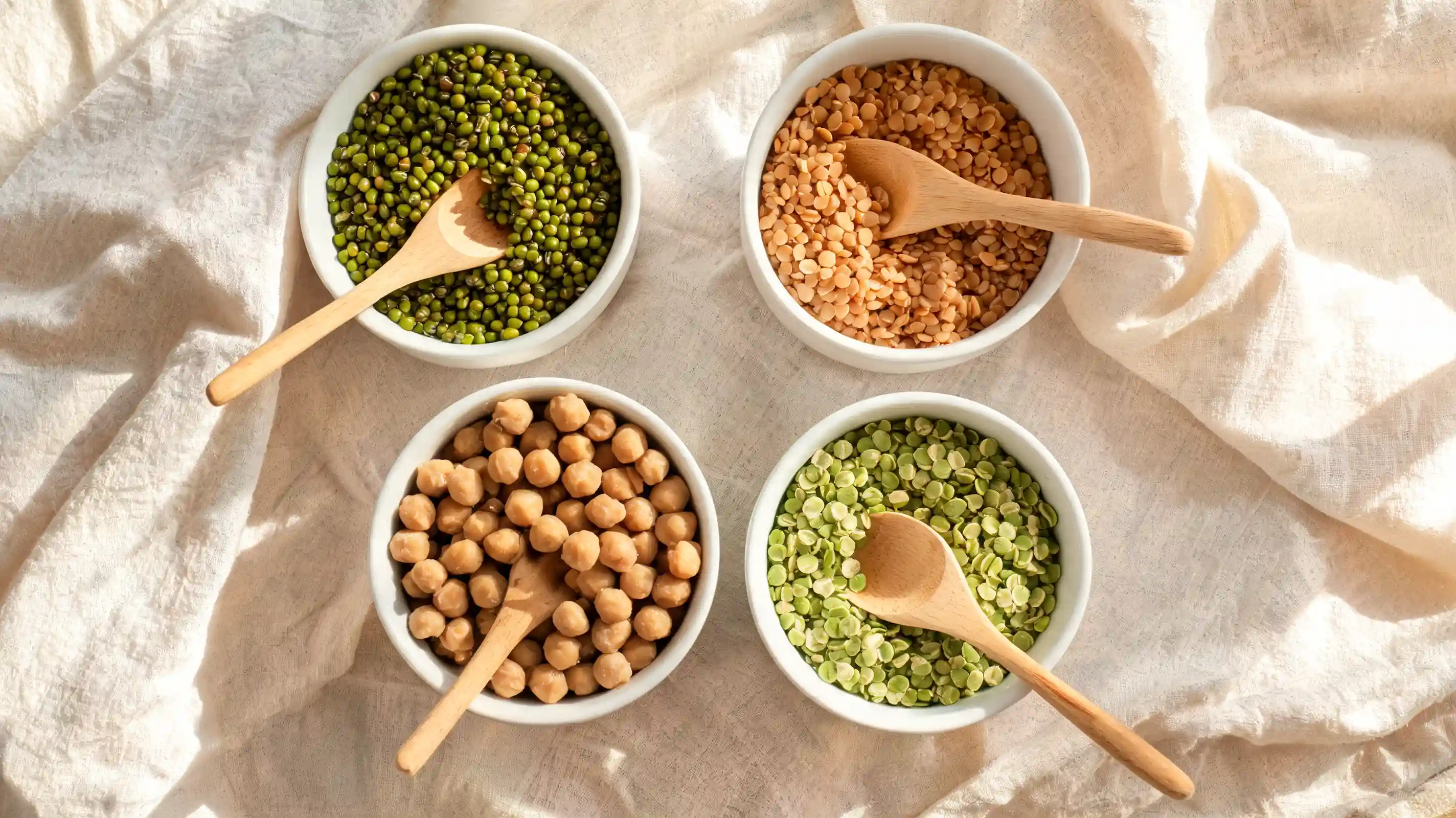 bowls of cooked legumes on wooden table in soft daylight