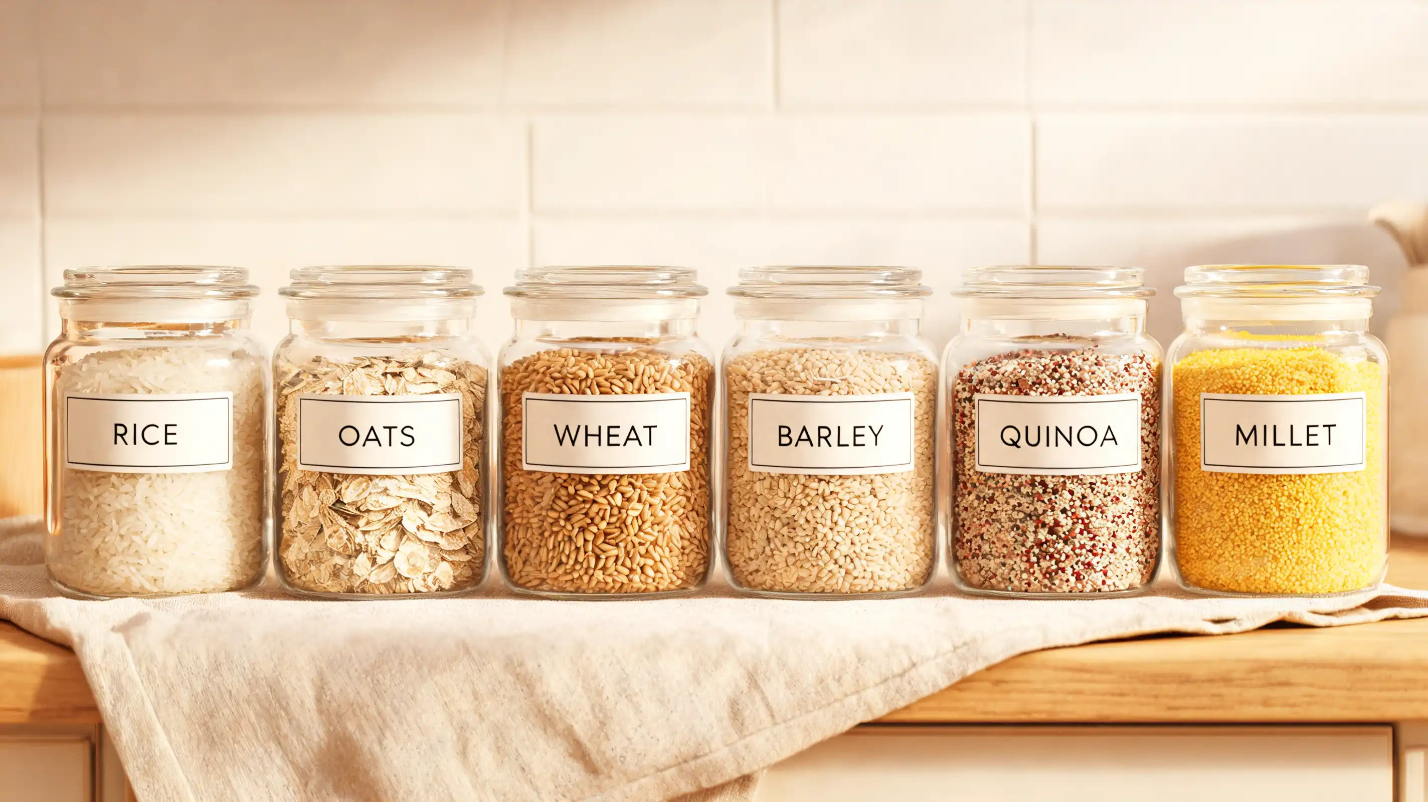 bowls of whole grains arranged neatly on cloth in warm light