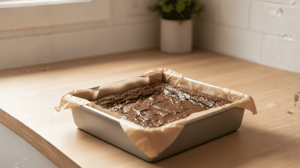 chocolate batter is spread evenly in a lined baking pan using a spatula on a wooden kitchen counter