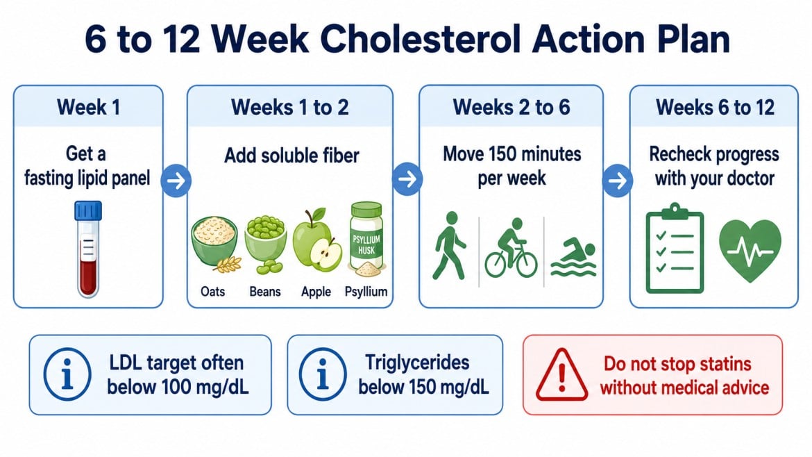 cholesterol action plan timeline showing lipid testing, fiber, exercise, and doctor follow-up