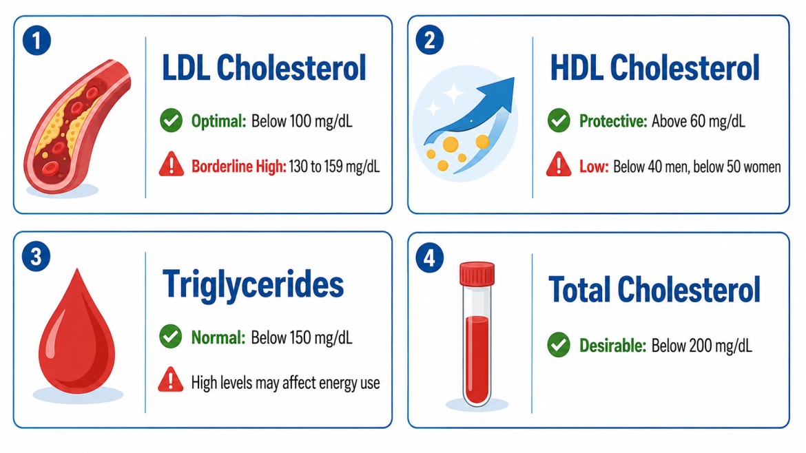 cholesterol levels infographic showing LDL, HDL, triglycerides, and total cholesterol ranges