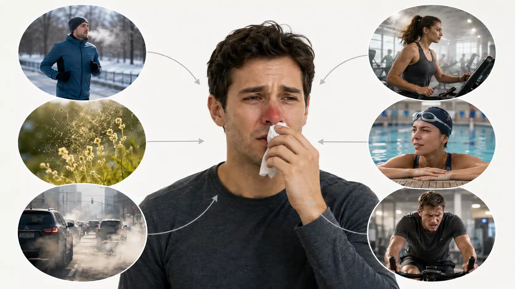 common exercise runny nose triggers including cold air, pollen, chlorine, pollution, and hard workouts