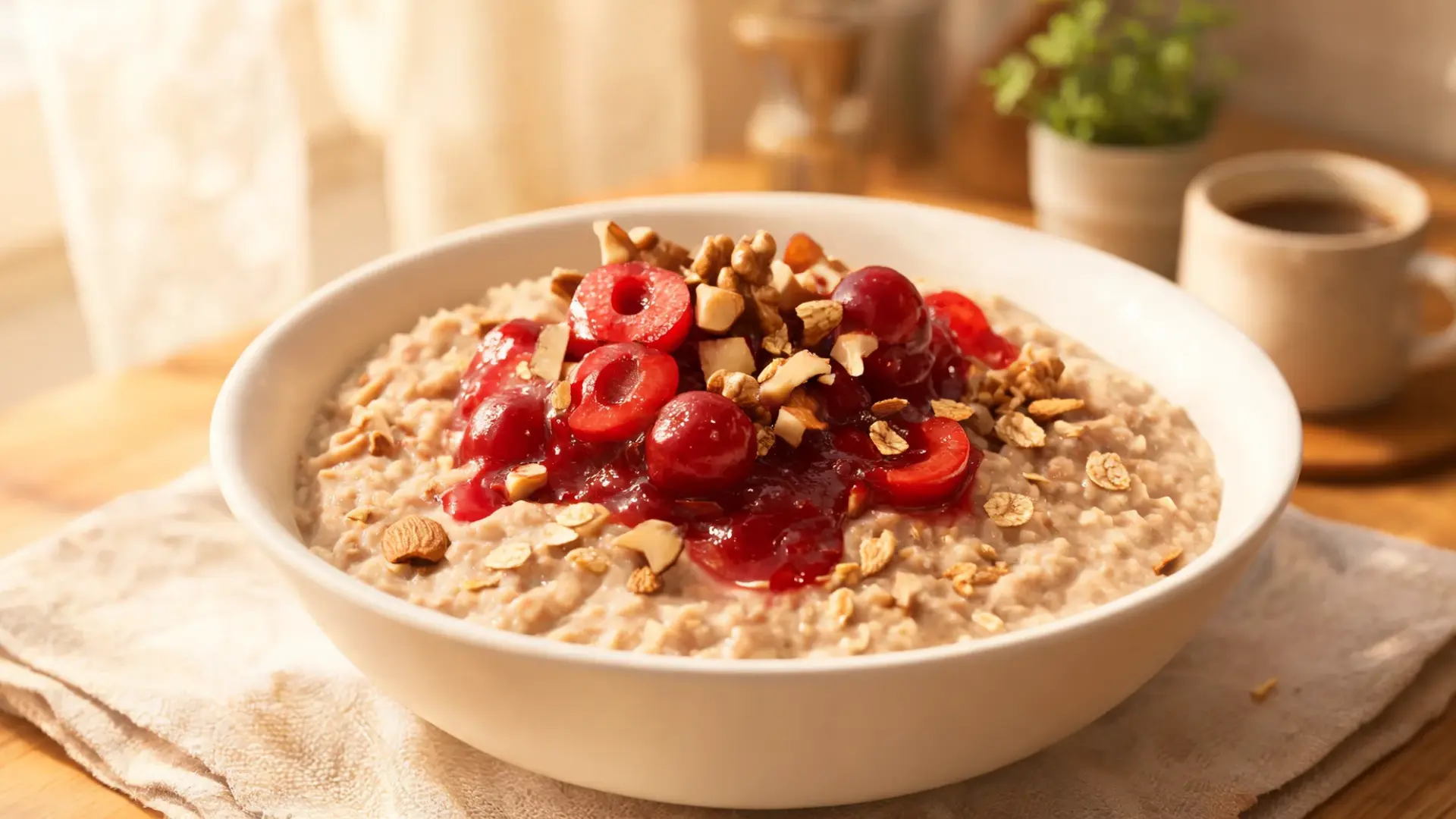 cooked cherry oatmeal bowl topped with chopped nuts, whole grains, and cherry compote, cozy kitchen setting, fiber-rich healthy breakfast