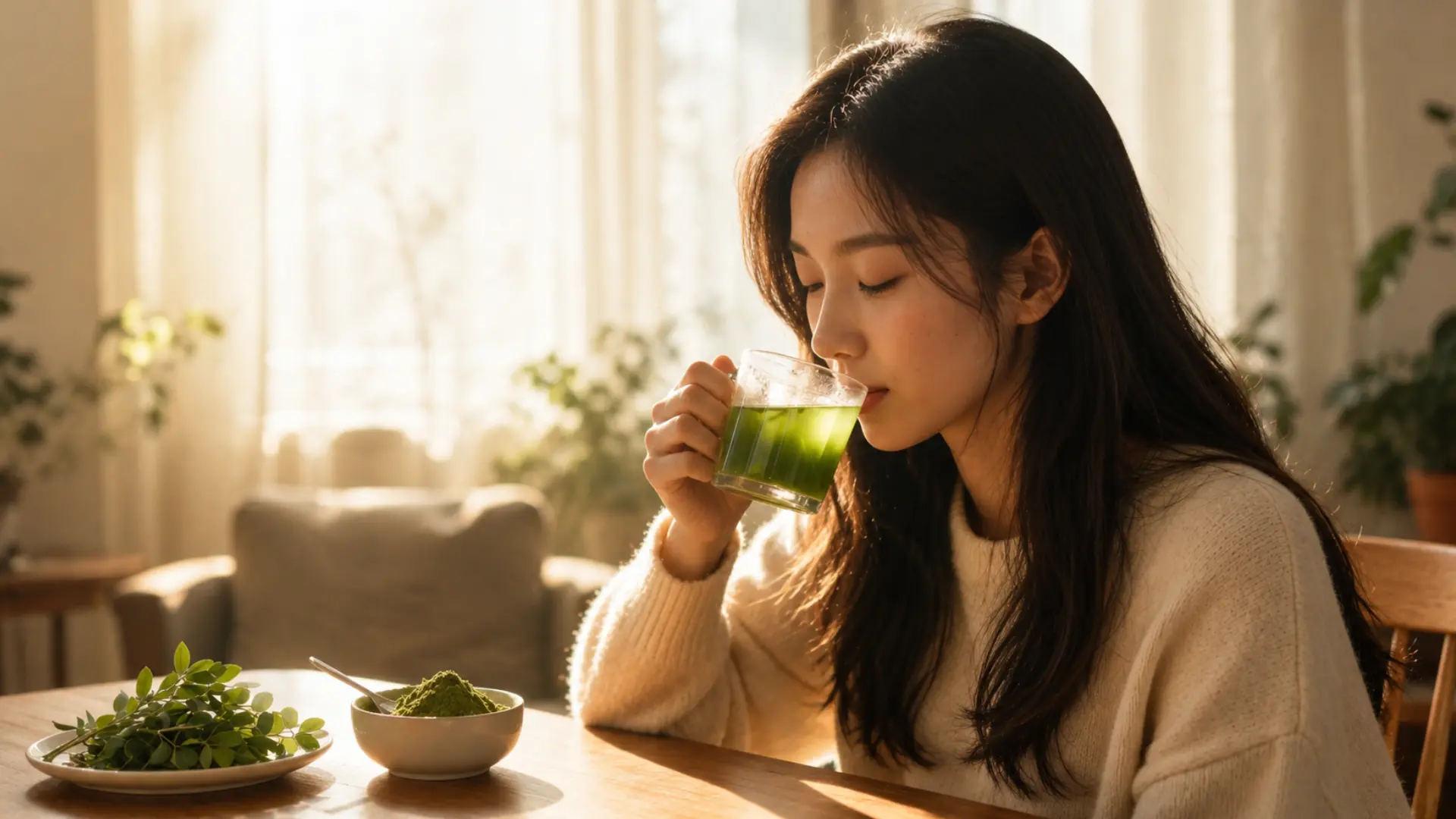 drinking green moringa tea beside fresh leaves and powder in warm morning sunlight
