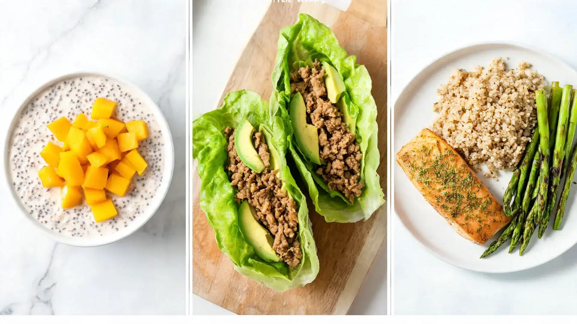 elimination diet meals, mango chia pudding, turkey lettuce wraps with avocado, and salmon with quinoa and asparagus