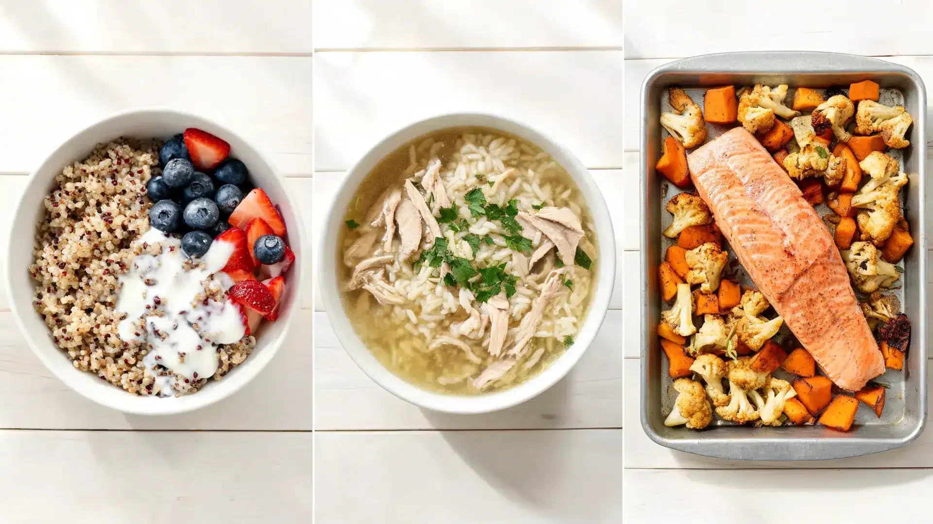 elimination diet meals, quinoa berry bowl, chicken rice soup, and baked salmon with cauliflower and sweet potatoes