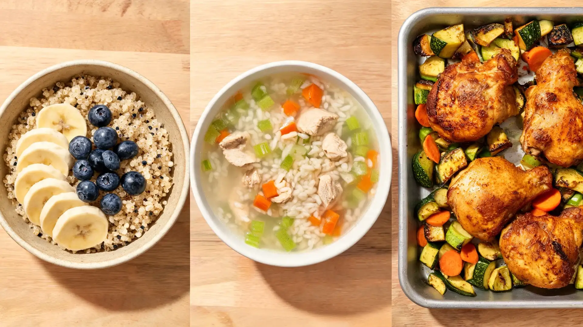 elimination diet meals quinoa breakfast bowl, chicken rice soup, and sheet pan chicken with roasted zucchini and carrots