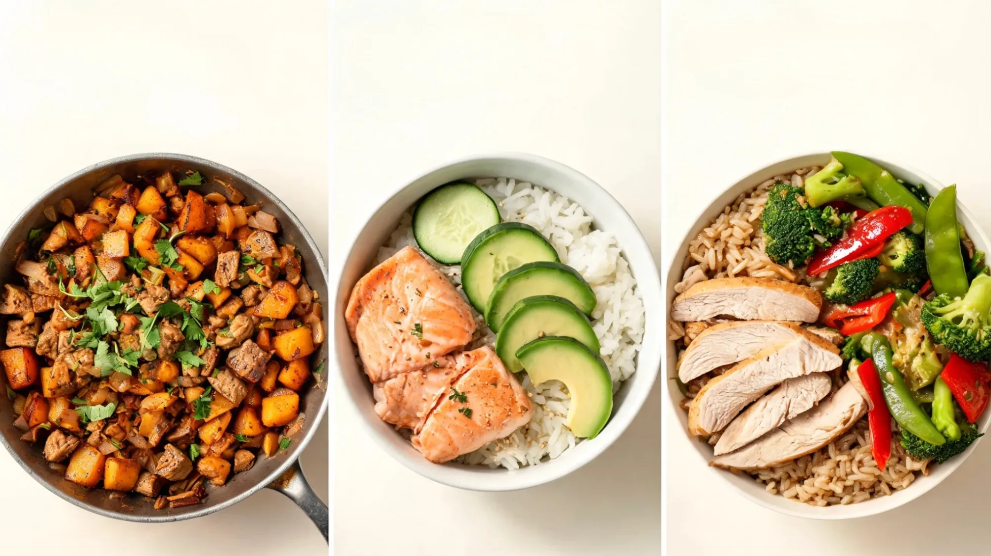 elimination diet meals, turkey sweet potato hash, salmon rice bowl, and ginger turkey stir-fry with vegetables and rice