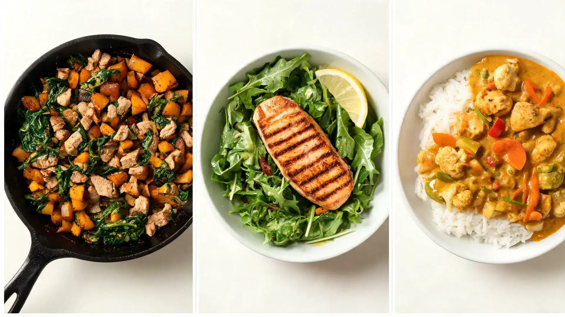 elimination diet meals, turkey sweet potato skillet, grilled salmon salad, and vegetable coconut curry with white rice