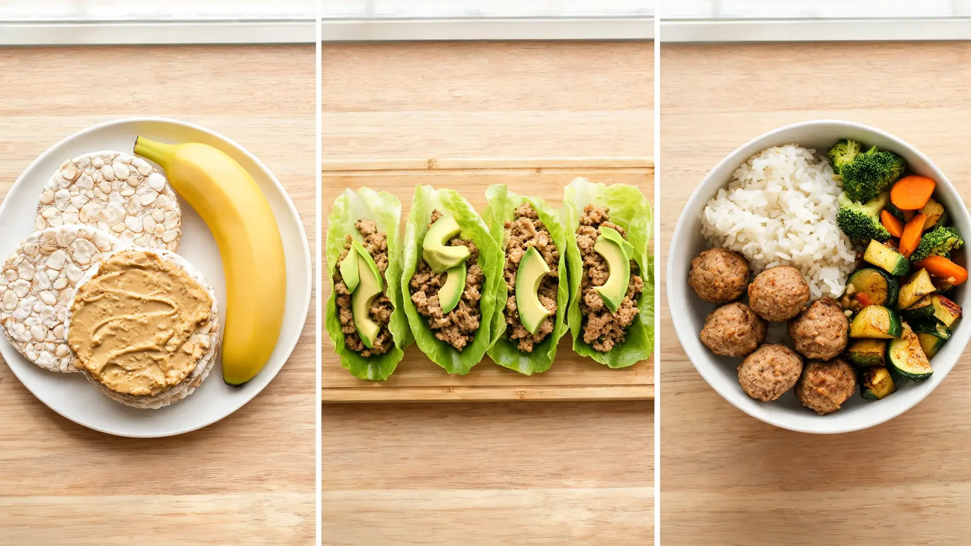 elimination diet, rice cakes with sunflower butter, turkey lettuce wraps, and turkey meatballs with rice and veggetables