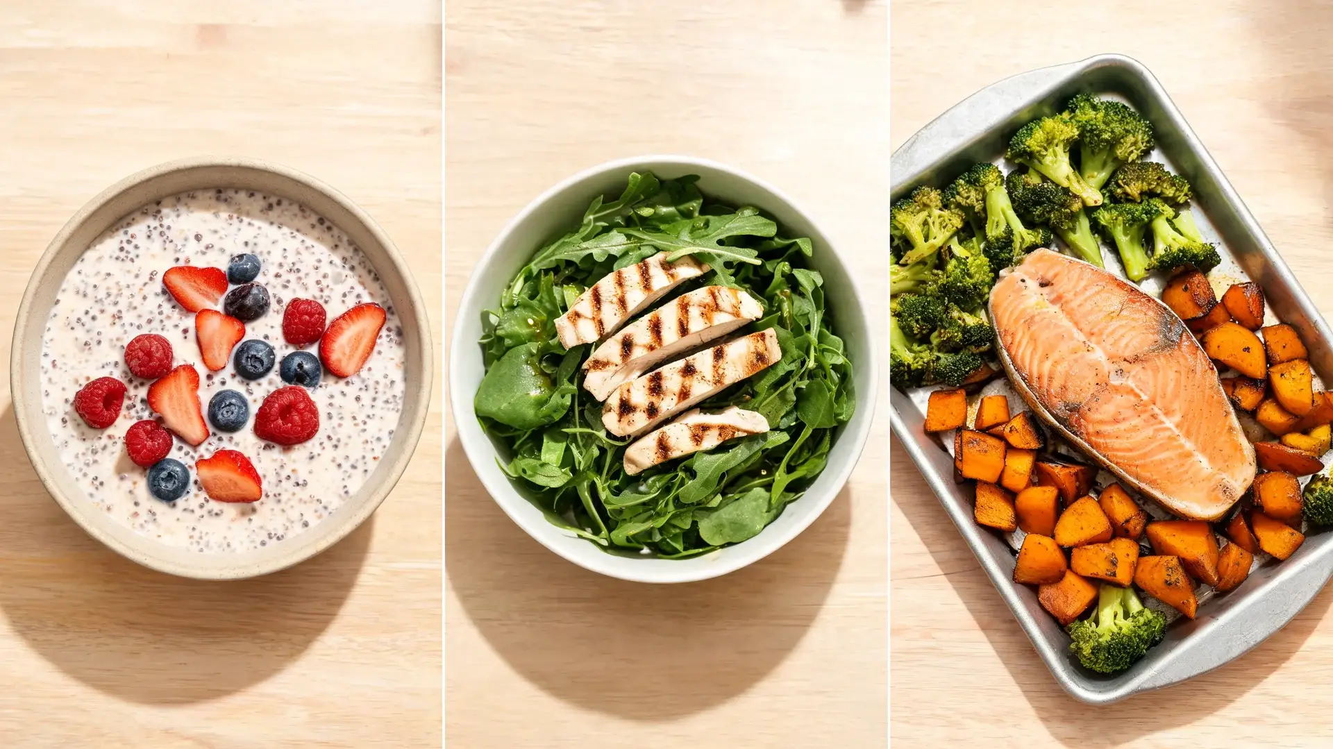 elimination diet with chia pudding, grilled chicken salad, and baked salmon with broccoli and roasted sweet potatoes