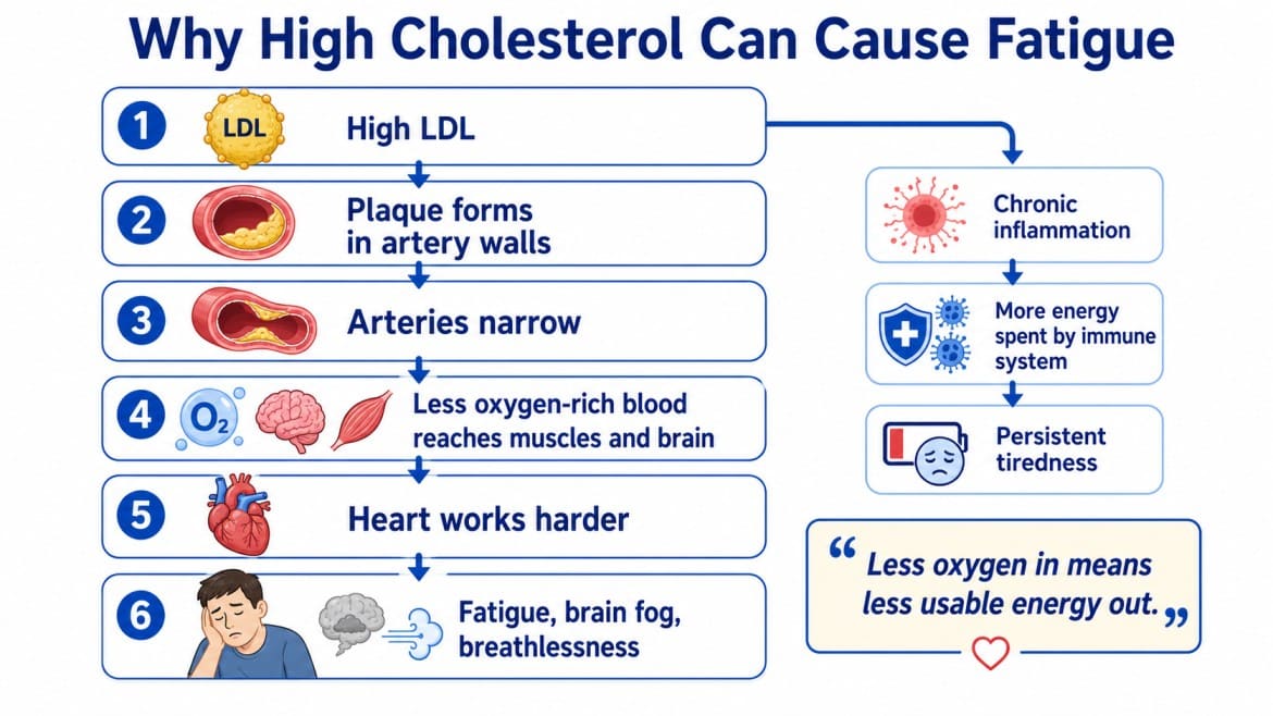 flow chart showing how high LDL cholesterol can reduce oxygen delivery and cause fatigue