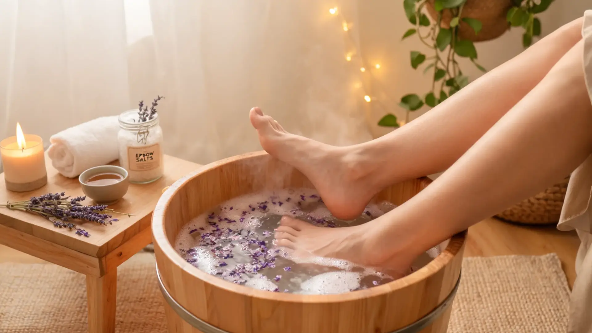 foot soak scene showing relaxation, tired foot relief, and self-care benefits, warm lighting, clean natural setting