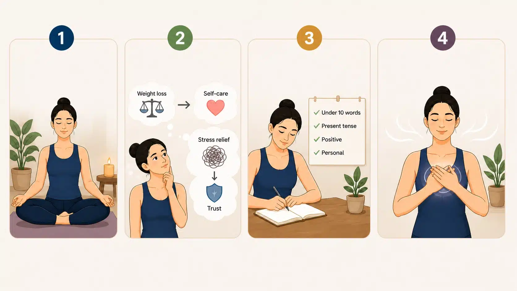 four step sankalpa process illustration showing meditation reflection journaling and mindfulness without text clean visual sequence