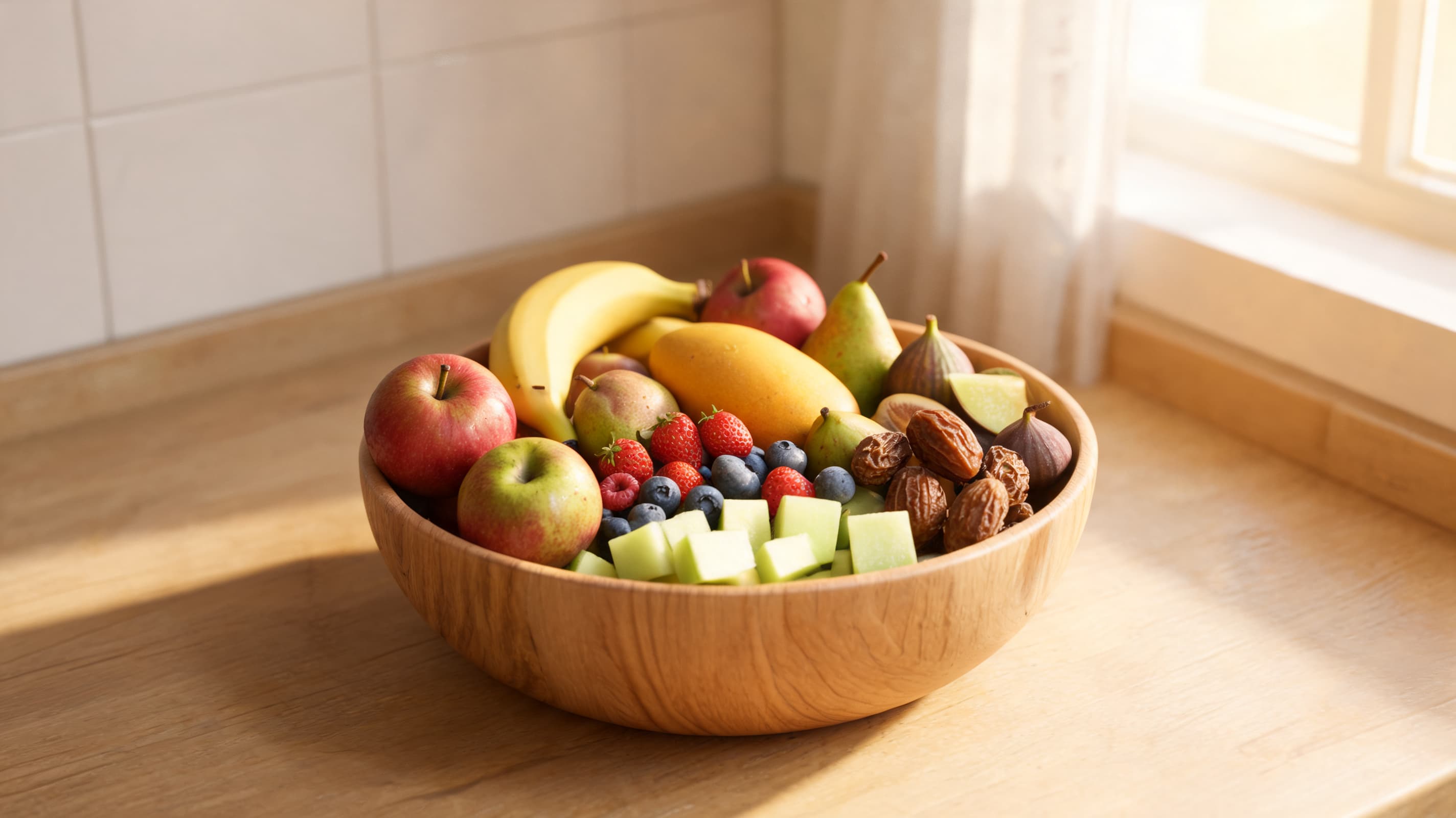 fresh bowl of seasonal fruits on wooden table in soft natural light
