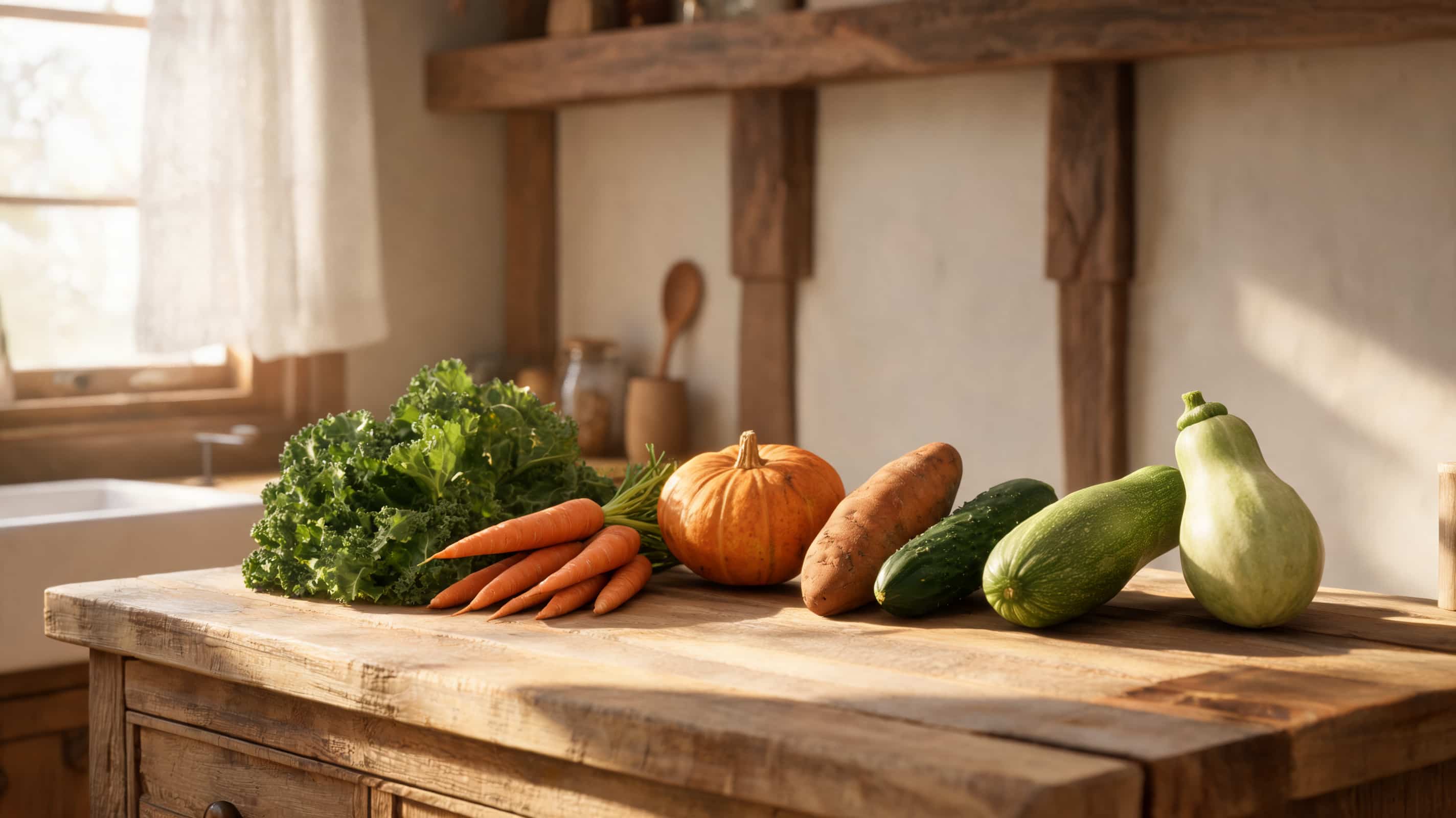 fresh vegetables arranged on wooden table in natural kitchen light