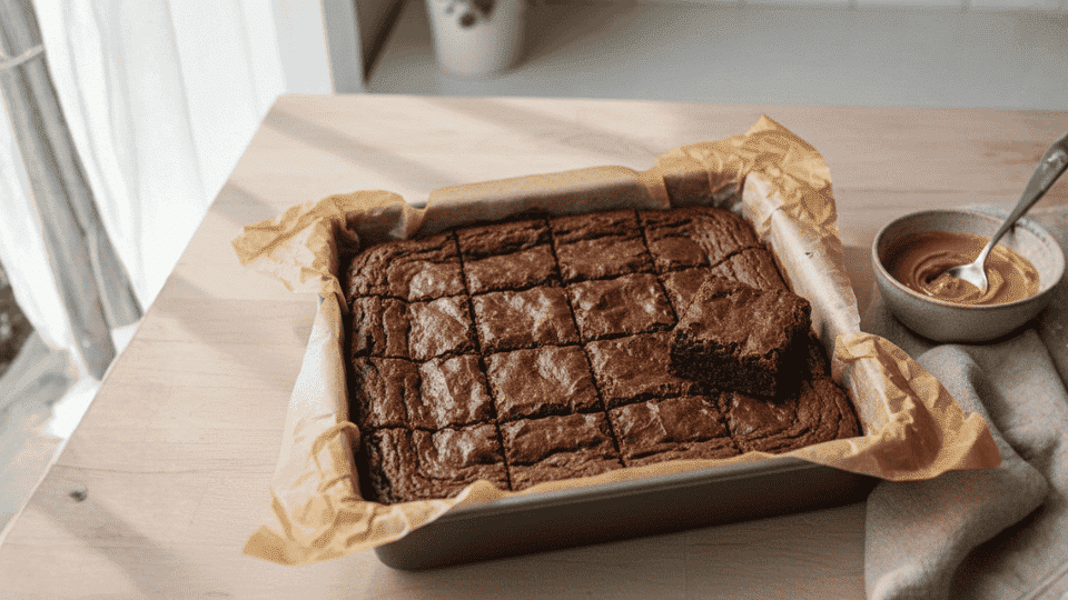 freshly baked chocolate brownies cut into squares in a lined pan, one piece lifted, with a bowl of sauce beside