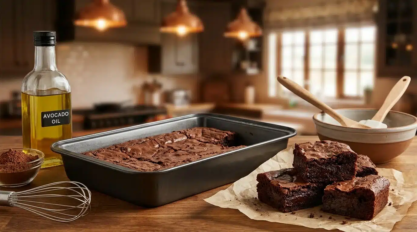 fudgy chocolate brownies made with avocado oil cooling beside baking ingredients in a home kitchen