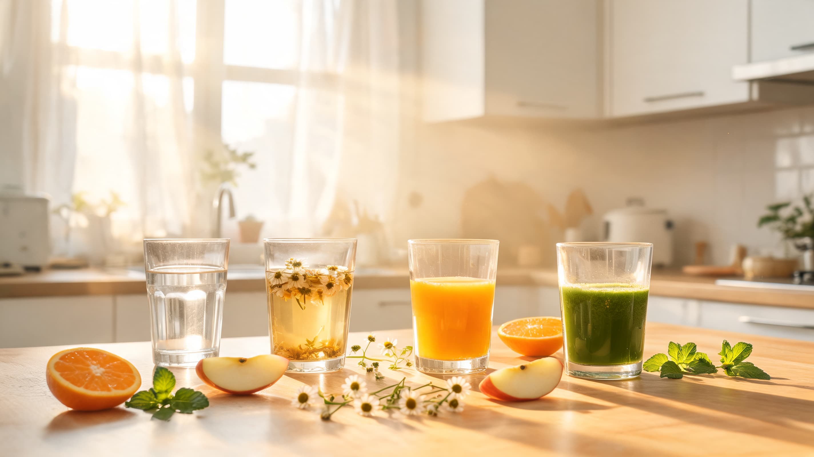 glasses of herbal tea juice and water arranged on clean table