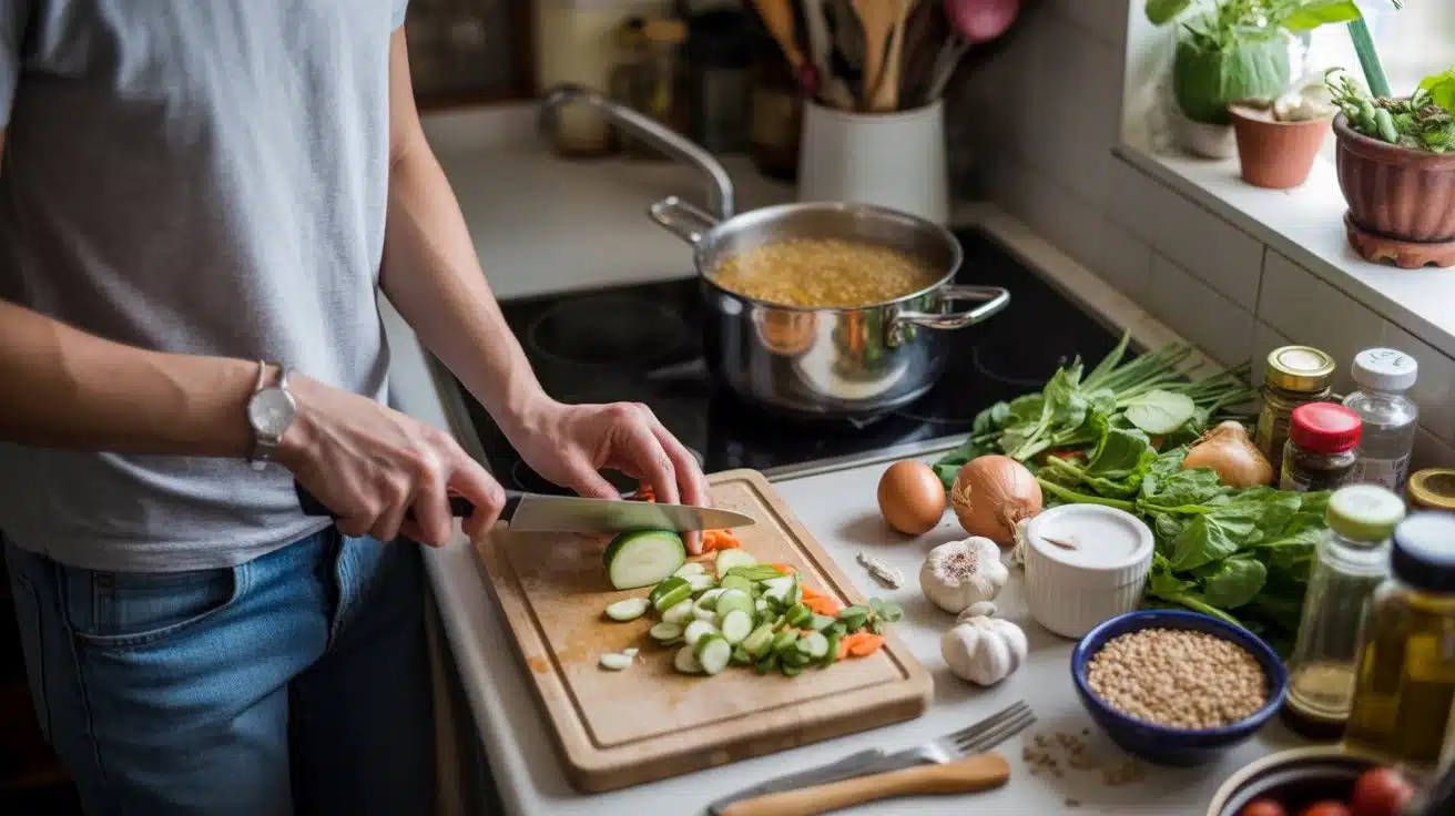 hands chopping vegetables in home kitchen with eggs grains and lentils cooking showing real food prep scene