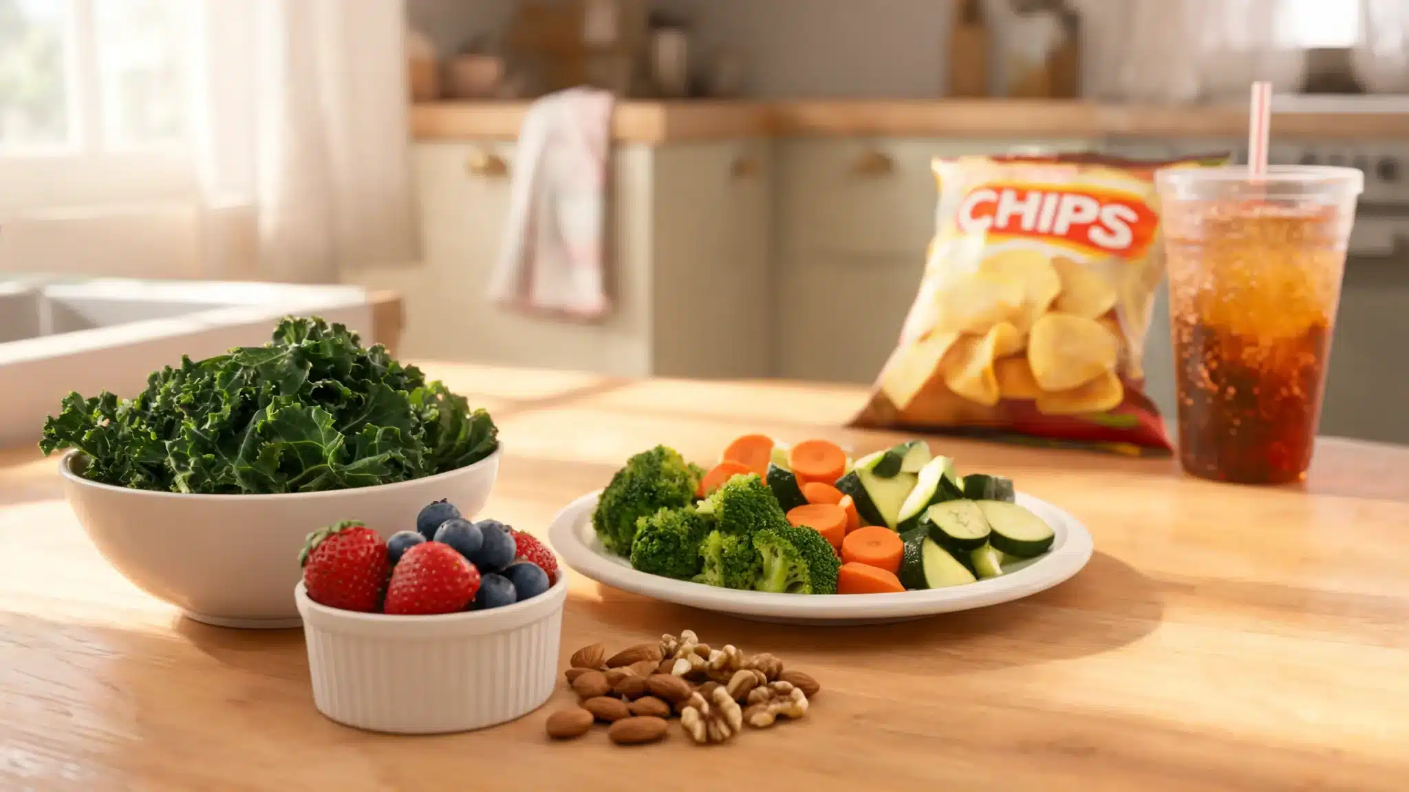 healthy whole foods like greens, berries, and nuts with processed snacks aside showing everyday diet choices at home