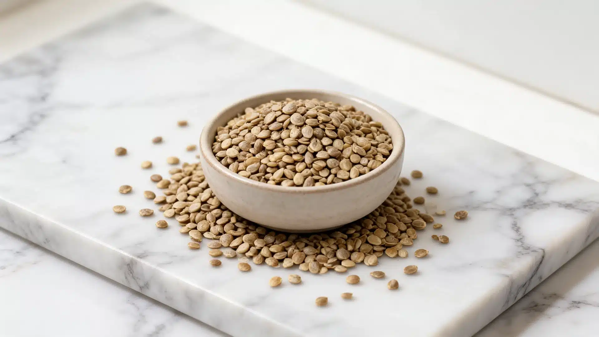 hemp seeds in ceramic bowl on white marble surface with soft natural kitchen lighting
