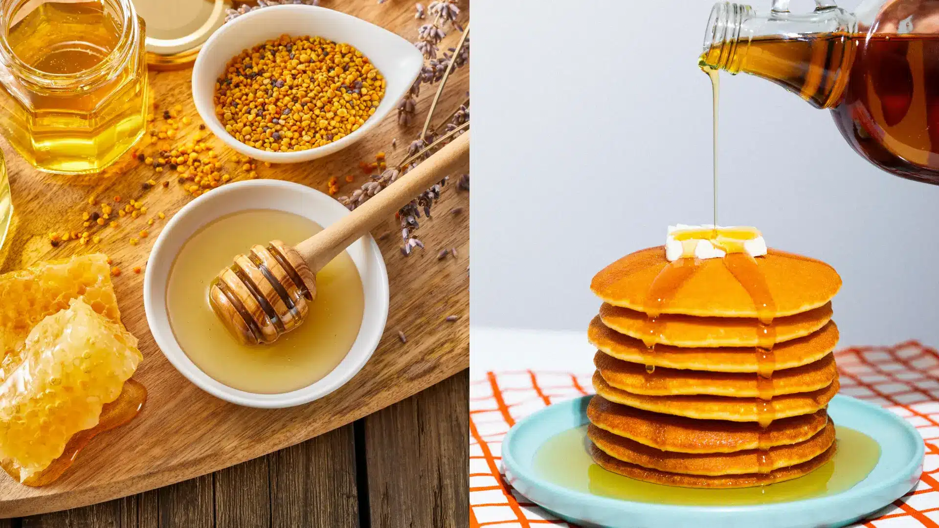 honey with dipper and honeycomb on wooden board beside bee pollen, and maple syrup poured over pancakes with butter on plate