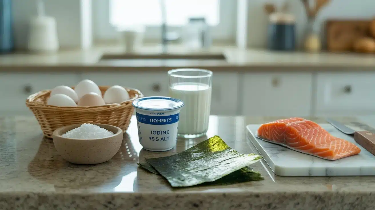 iodine rich foods like eggs dairy fish seafood and iodized salt arranged for thyroid health concept illustration