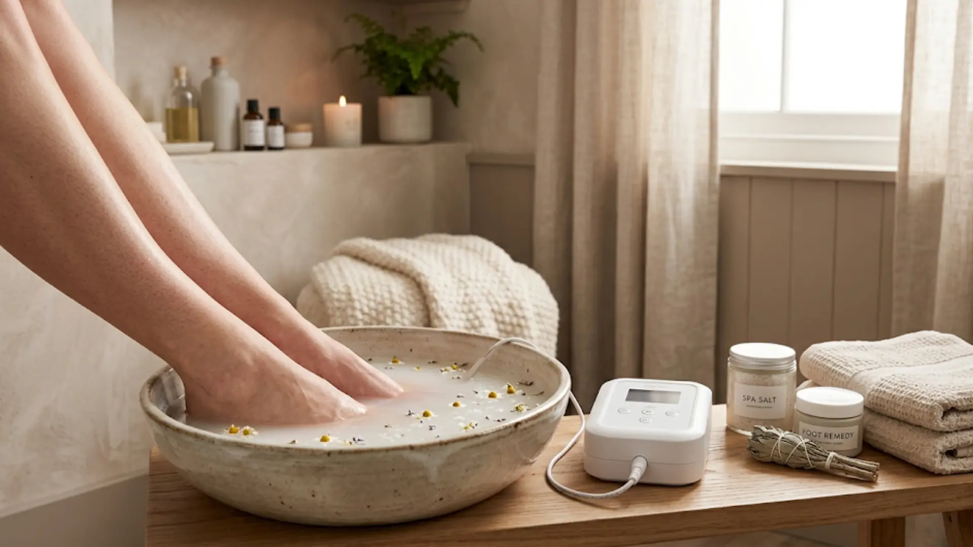 ionic foot bath device beside warm salt water basin, feet soaking gently, peaceful self-care setup, soft neutral spa aesthetic