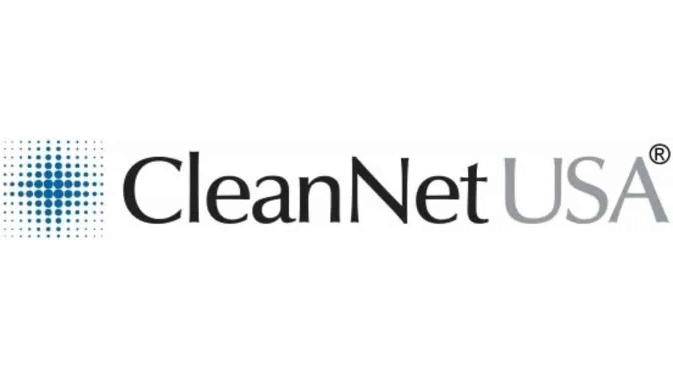 logo for CleanNet USA with a gradient blue dot pattern forming a swoosh on the left.