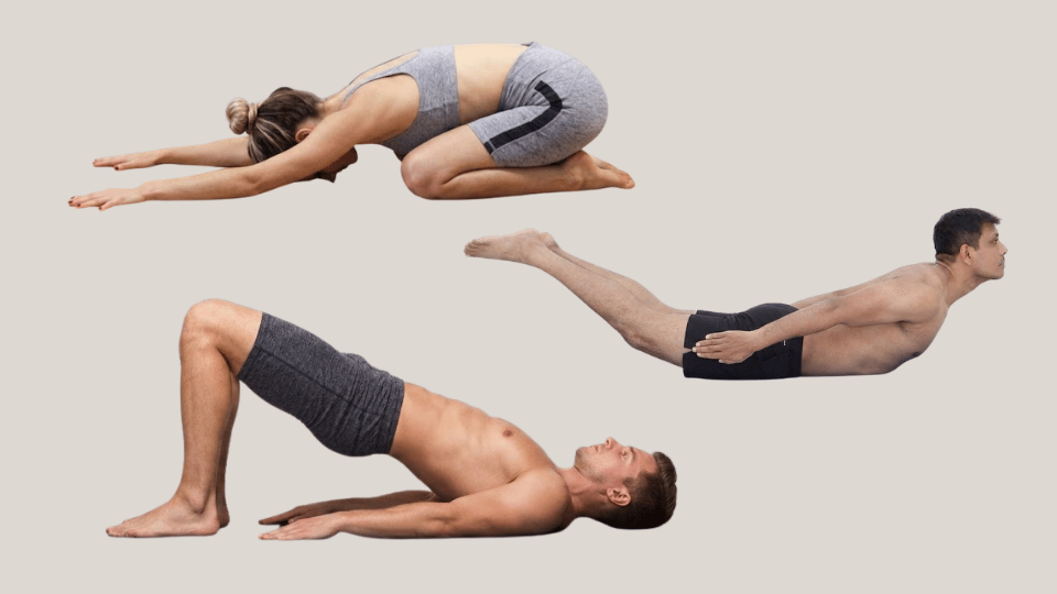 man and two women practicing various hot yoga poses against a neutral background