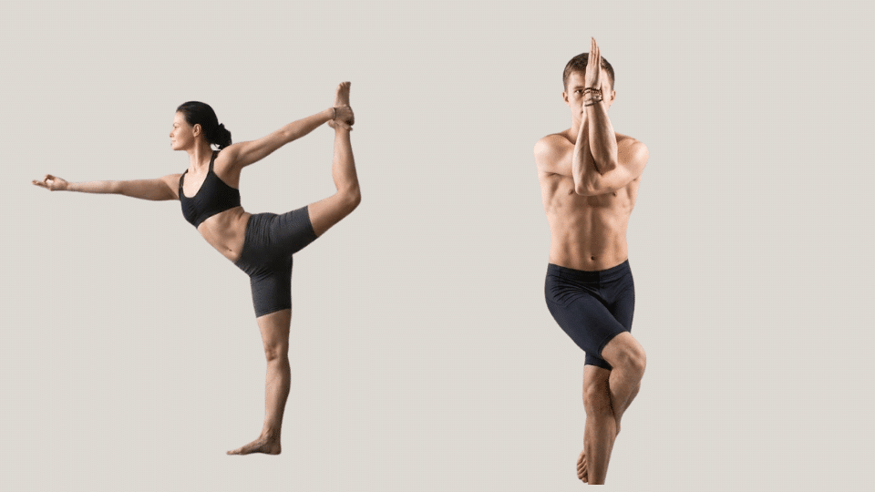 man and woman in athletic shorts performing hot yoga poses against a neutral pastel background
