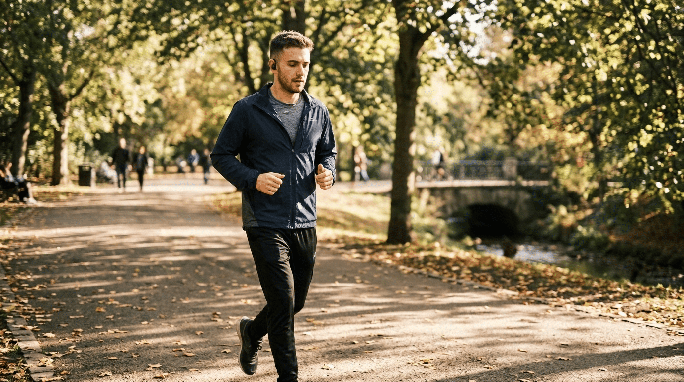 man walking briskly outdoors in morning light as a low-cost daily movement habit for physical health