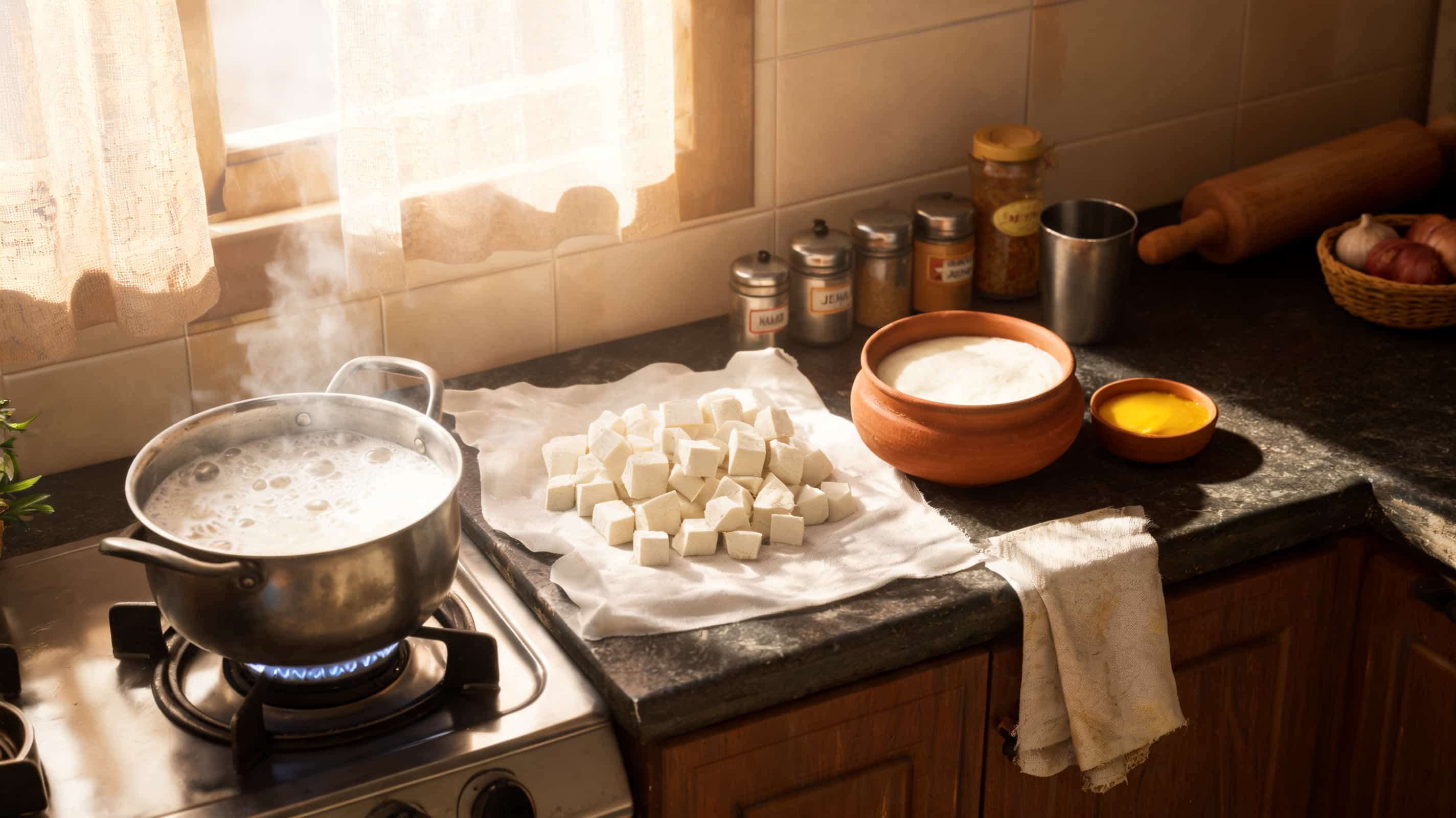 milk yogurt ghee and paneer arranged on kitchen counter in soft light