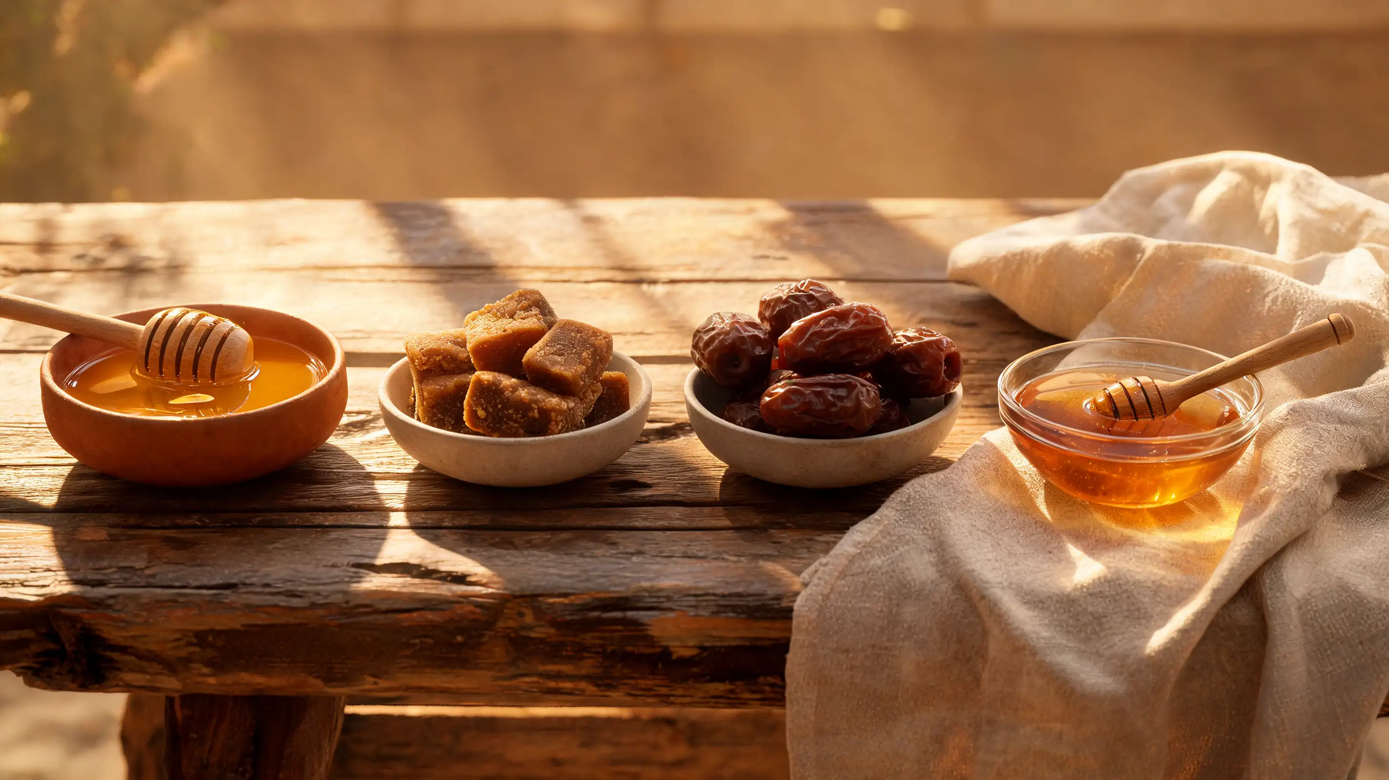 natural sweeteners like honey jaggery and dates in small bowls