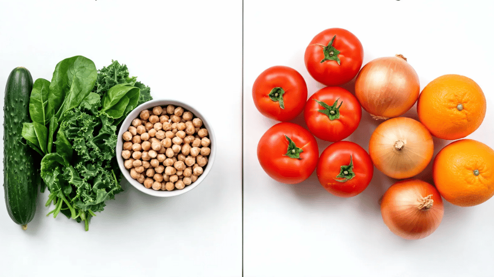 overhead split of kale cucumber chickpeas and fresh greens with tomatoes onion