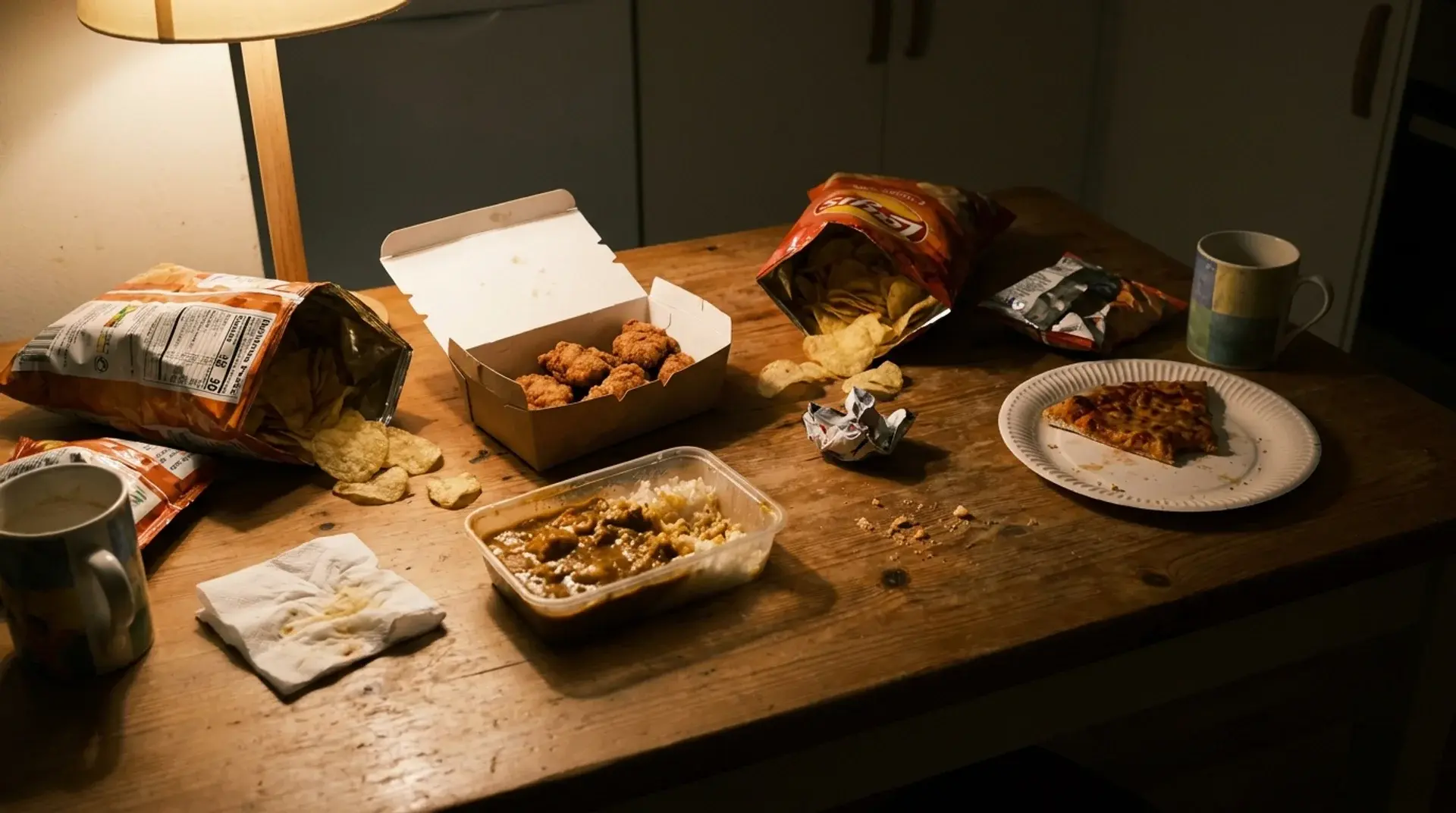 packaged snacks, fried food, and leftovers placed on table in dim kitchen lighting showing heavy and processed foods (1)