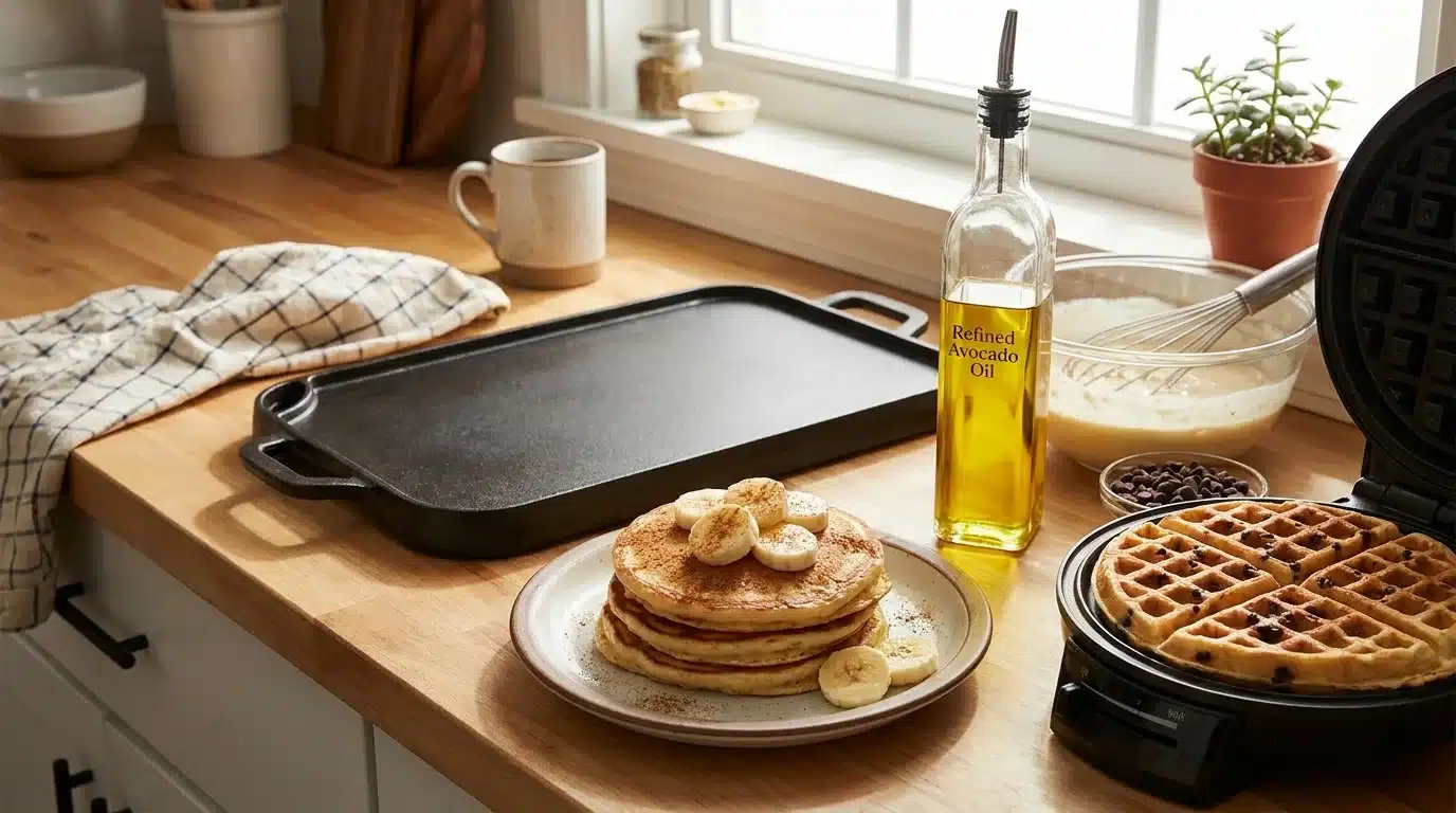 pancakes and waffles made with avocado oil served with banana slices, cinnamon, and chocolate chips