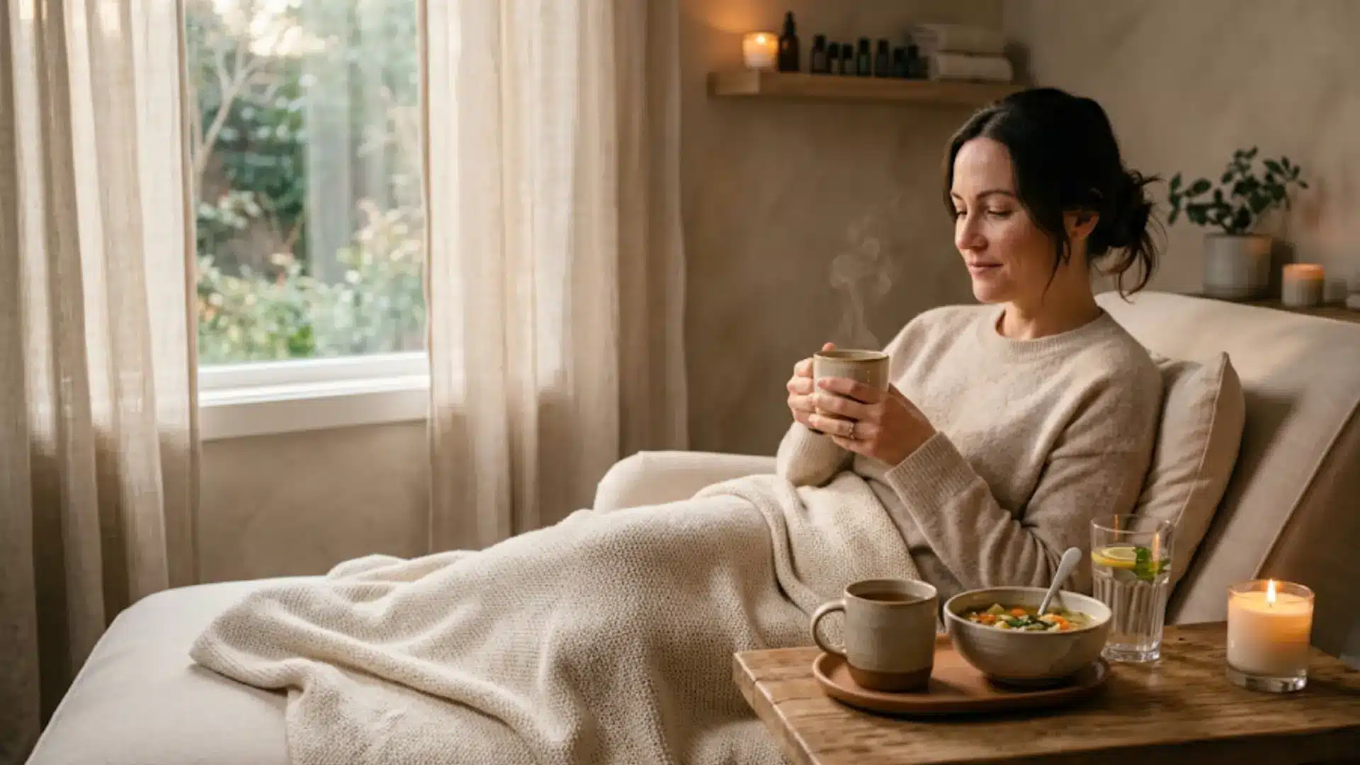 peaceful post-acupuncture self-care scene with warm tea, fresh water, nourishing soup, soft blanket, and gentle spa-like lighting