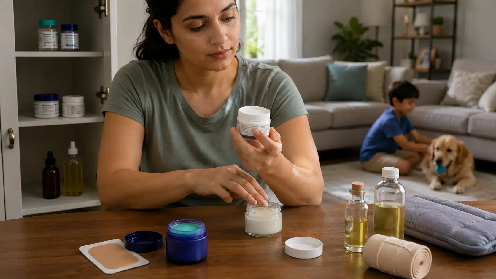 person checks camphor balm label before safe use near child, pet, and storage shelf