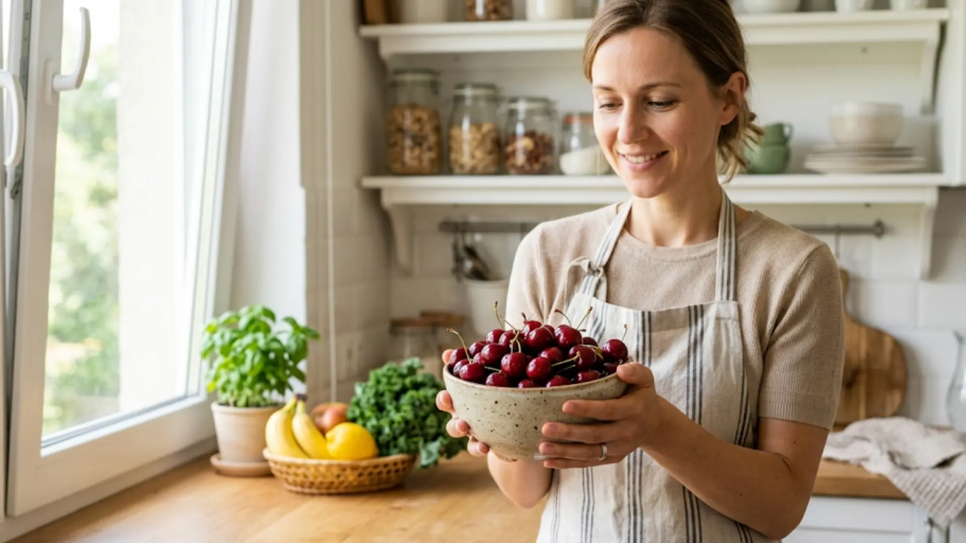 person holding a bowl of cherries in a bright kitchen, soft natural light, healthy lifestyle vibe, focus on fresh fruit